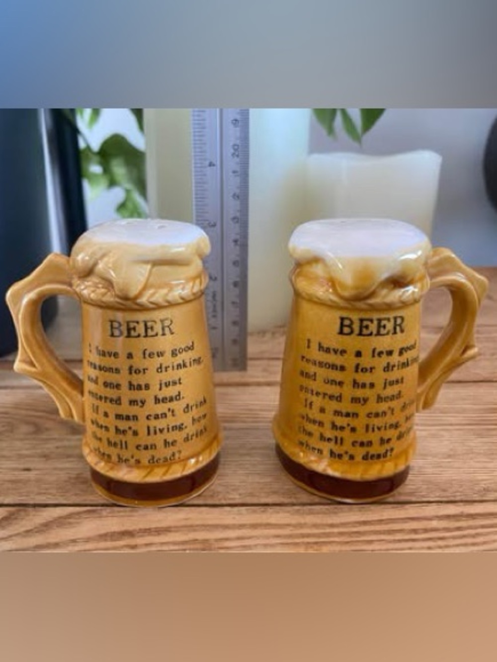 Vintage Ceramic Beer Stein Salt & Pepper Shakers Novelty Poem Japan Metropolitan